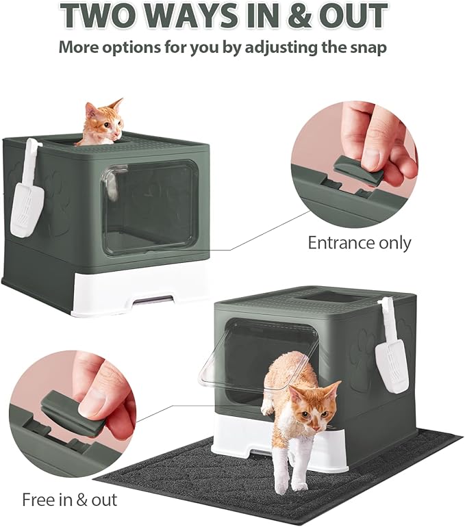 Cat Litter Box with X-Large Litter Mat and Scoop, Large Foldable Litter Box with Lid, Enclosed Kitty Box,Front Top Entry Exit, Odor Control Easy to Clean (Upgrade Olive Green)-Mewly Pet