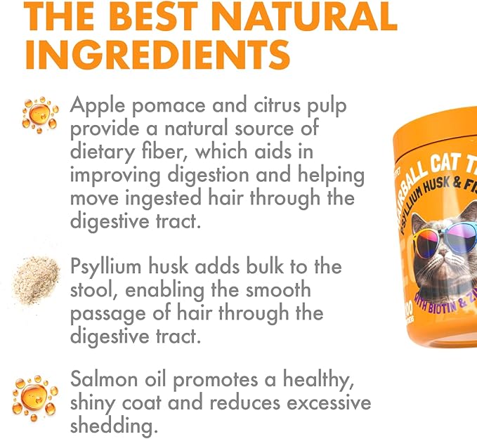 Hairball Treatment for Cats Natural Remedy with Apple Pomace, Psyllium Husk Omega 3 6 Fatty Acids Zinc Biotin Cat Supplement for Indoor Cats Promotes Healthy Digestion Furball Control 100 Yummy Chews-Mewly Pet