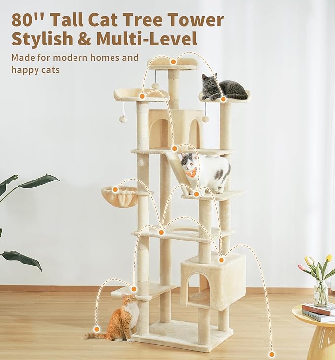 Made4Pets Tall Cat Tree, 80" Cat Tree Tower for Indoor Cats Large Adult, Modern Cat Tower with Scratching Post, Cozy Hammock, 3 Perches and 2 Condos, Sturdy and Fluffy, Beige-Mewly Pet