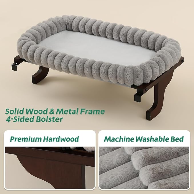 SnugCloud Cat Window Perch with 4-Sided Bolster - Orthopedic Cat Hammock for Window Sill - Solid Hardwood & Metal Frame - Window Seat for Pets (Dark Stained Wood w/Gray Bed, Large)
