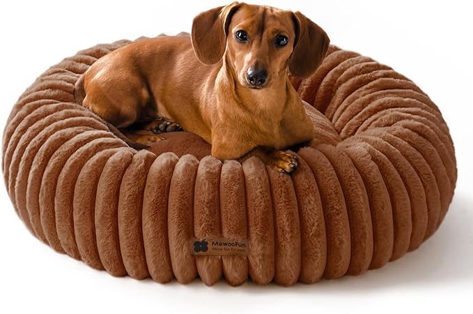 MEWOOFUN Donut Dog Beds for Small Dog, Calming Bed Round Cute Puppy Bed with Non-Slip Bottom, Fluffy Washable Pet Bed for Puppy and Kitten (Dark Brown, S (25x25x7))-Mewly Pet