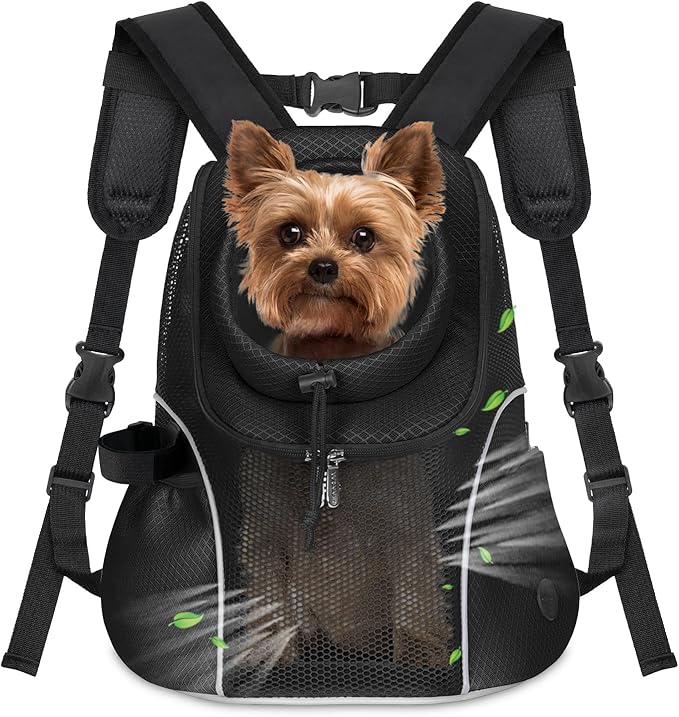 WOYYHO Pet Dog Carrier Backpack Small Dog Front Backpack Ventilated Mesh Dog Travel Back Pack with Safety Belt for Travel Hiking Cycling Outdoor Adventures (Size M: 5-9 lbs, Black)-Mewly Pet
