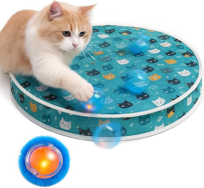 Interactive Cat Toys, Play Mat with Automatic Motion Balls, LED Lights, Bird Chirping Sound, 3 Speed Levels, Indoor Enrichment, Cat Pattern Design-Mewly Pet