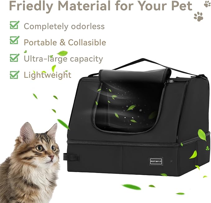 PETSFIT Portable Cat Litter Box - Removable 2-Layer Leak-Proof Lining, Scratch-Resistant Fabric with Sturdy Support Frame, Travel & Collapsible Cat Litter Box Black-Mewly Pet