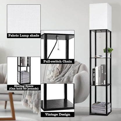RUNTOP Floor Lamp with Shelves, Shelf Lamp with 3 Color Temperature LED Bulb,Floor-Lamp for Living Room, Modern Tall Standing Display Shelf Floor Lamps for Bedroom, Office (Black)