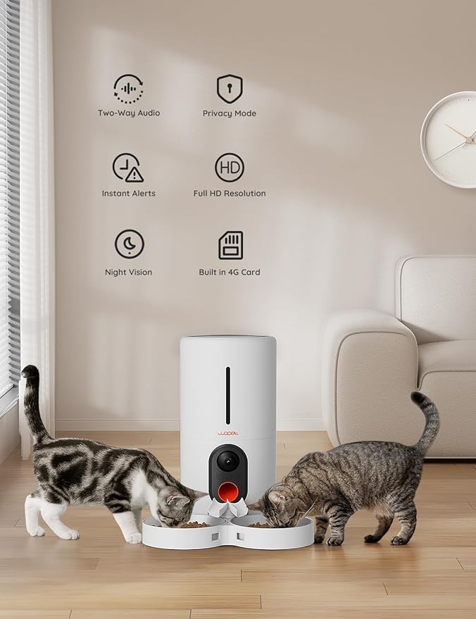WOPET Automatic Cat Feeder with Camera for Two Cats, 6L Automatic Dog Feeder with HD Video and Night Vision, 5G/2.4G WiFi Pet Feeder for Cats & Dogs, SD Card Storage & 2-Way Audio-Mewly Pet
