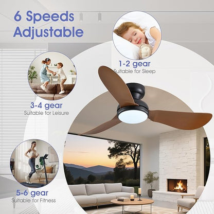 46 Inch Modern Ceiling Fans with Lights, Flush Mount Ceiling Fan with Remote/APP Control, 3 Reversible Curved Blades, 6 Speeds, 3 CCT, Dimmable LED Lights for Living Room Bedroom, Brown