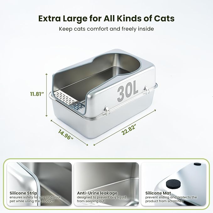 Cattasaurus 100% Stainless Steel Litter Box Enclosure for Large Cats 30+ lbs, Odor-Free & Easy to Clean, Multi Cat Litter Box with Cover, Long-Lasting XL Metal Litter Box with High Side, Scoop & Pedal-Mewly Pet