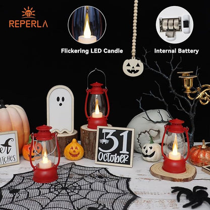 12Pcs Red Mini Lanterns for Centerpiece – Vintage Lantern Decor for Christmas, Halloween, Weddings & Western Party – Hanging Ornaments Bulk with Flicker LED Candle for Cowgirl, Camping Decor
