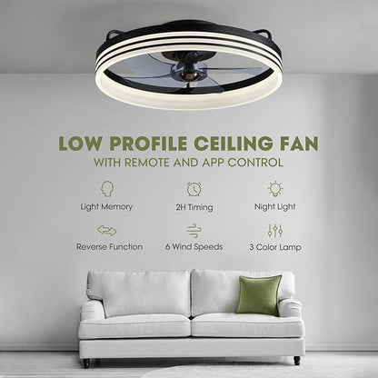 Ceiling Fans with Lights, Flush Mount Ceiling Fan with Lights and Remote, 6 Wind Speeds Smart Low Profile Ceiling Fan for Bedroom, Kids Room and Living Room 20" (Black)
