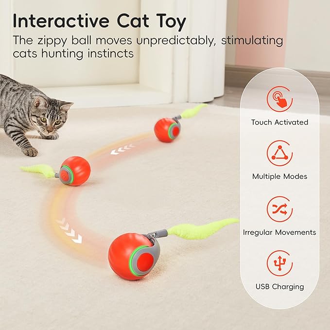 Potaroma Moving Ball Cat Toys with Feather Tail, Rechargeable 2025 New Interactive Toy for Indoor Cats Exercise, Smart Interactive Kitten Rolling Ball, Orange-Mewly Pet