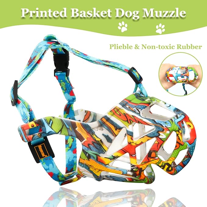 Mayrezon Dog Muzzle, Printed Basket Muzzle for Small Medium Large Dogs Dachshund, Beagle, German Shepherd, Breathable Pet Muzzles to Prevent Biting Chewing Scavenging, Allows Panting and Drinking-Mewly Pet