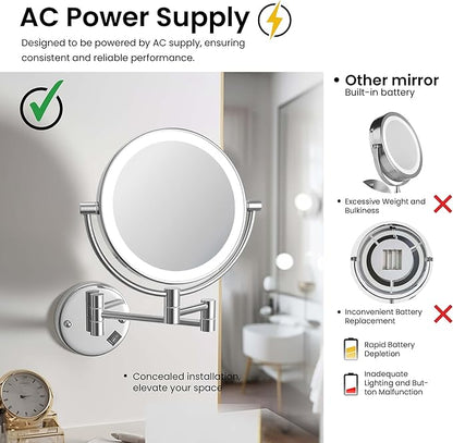 KIBI Circular Wall Mount Makeup Mirror with LED Lights, Dual-Sided 1x/5x Magnifying Mirror with Adjustable Arm, 360° Swivel, Solid Brass Construction for Durability and Style (Chrome, KMM101)