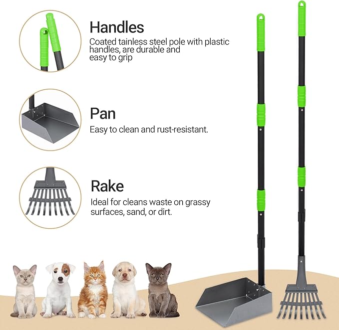 Heeyoo Dog Pooper Scooper, Dog Poop Tray and Rake Set, Pet Waste Removal Scoop with Long Adjustable Sectional Stainless Handles-Mewly Pet