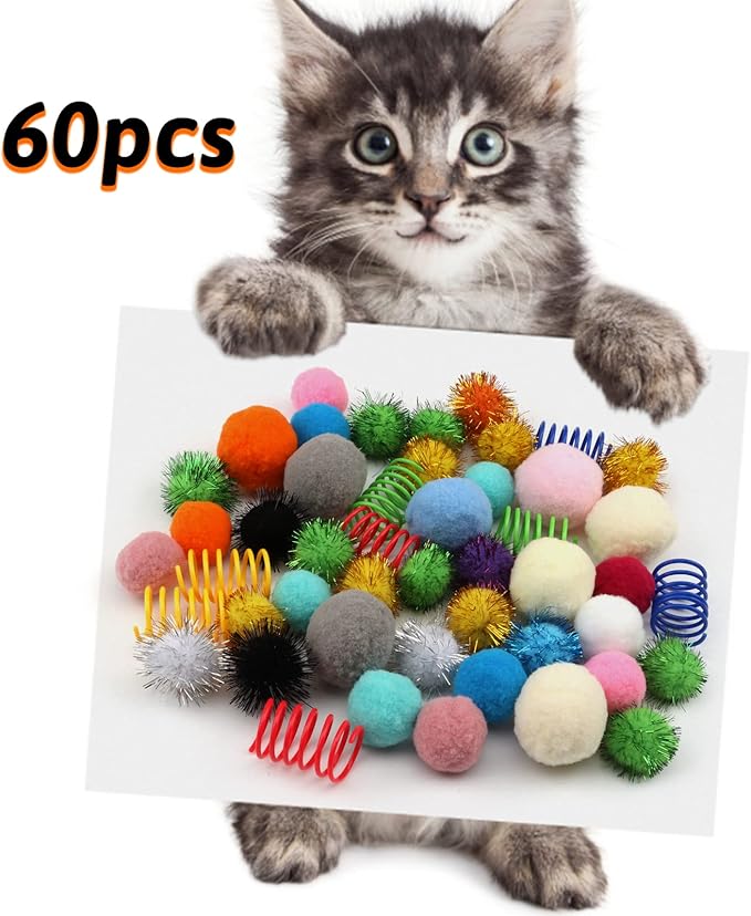 60 Pack Cat Toys - Assorted Kitten, Mouse, Crinkle & Pom Pom Balls-Mewly Pet