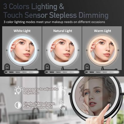 Rocollos Rechargeable Lighted Wall Mounted Makeup Mirror with 3 Color Lights,Dimmable Touch Screen,8 Inch LED Double Sided 1X/10X Magnifying 360°Flexible 13 Inch Retractable