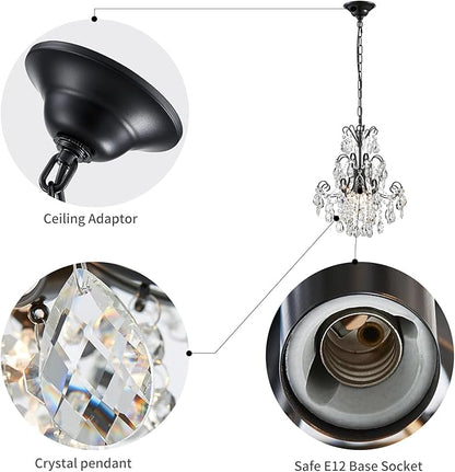 WUZUPS Crystal Chandelier 1-Light Pendant Ceiling Light Modern Lighting Fixture for Bedroom Hallway Bar Kitchen Bathroom, H 15.7" x W 13.8", E12 Base, Black