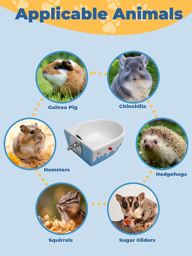 Chinchilla Food Bowl Ceramic Guinea Pig Cage Feeder Hanging Bunny Food Dish Small Animal Feeding Bowls for Syrian Hamster Ferret Gerbils (Blue)-Mewly Pet