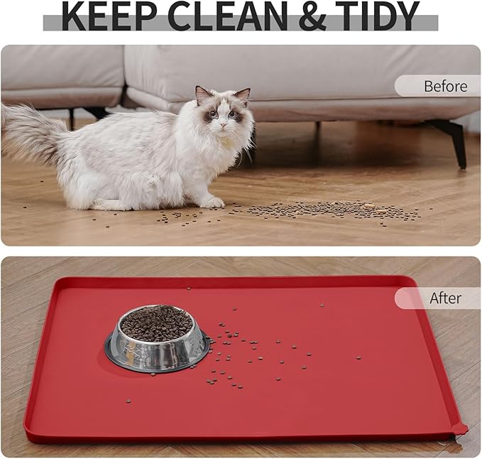 Waterproof Pet Feeding Mat with High Raised Edges, Heavier and Thicker Placemats for Cat Dog Water Bowl with BPA Free, Dogs Cats Food Mats for Messy Drinkers to Prevent Spill and Protect Floors-Mewly Pet