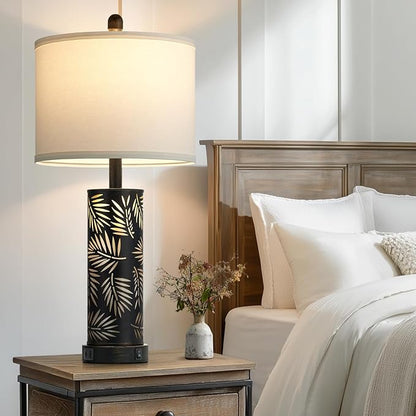 Set of 2 Rustic Table Lamps for Living Room Bedroom, Vintage Farmhouse Nightstand Lamp with 2 USB Ports, Hollow Out Black Metel Lamp for End Table with Nightlight (Retro Black)