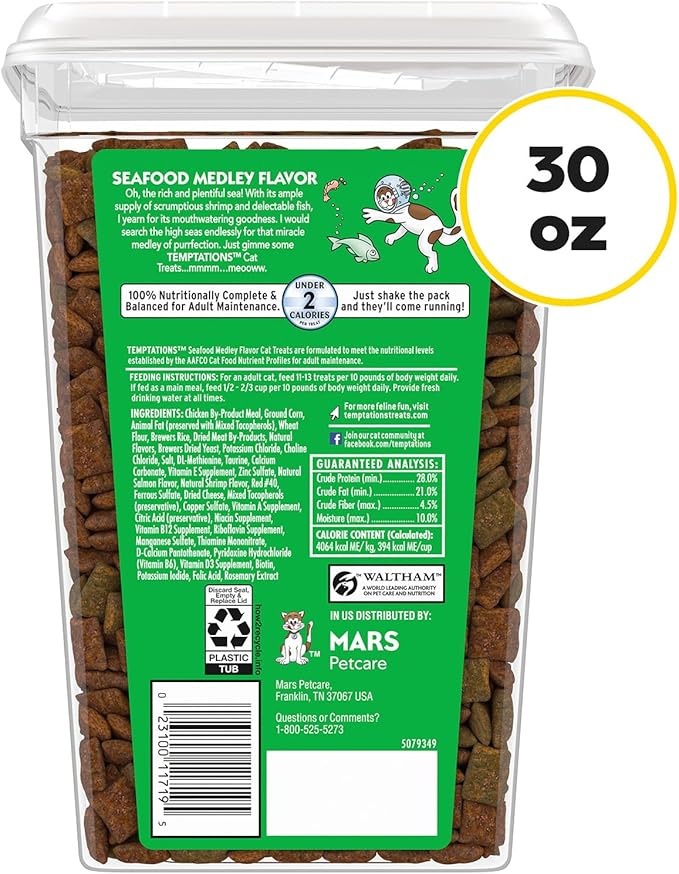 Temptations Classic Crunchy and Soft Cat Treats, Seafood Medley Flavor, 30 oz. Tub-Mewly Pet