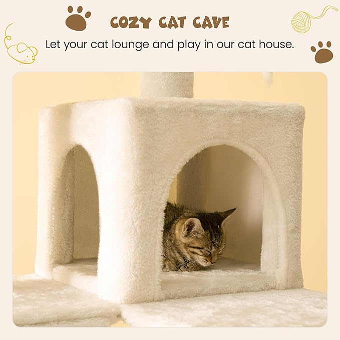 MWPO 63.8 inches Multi-Level Cat Tree for Large Cats with Sisal-Covered Scratching Posts, Padded Platform, Hammock and Condo,Stable Cat Tower Cat Condo Pet Play House-Beige-Mewly Pet