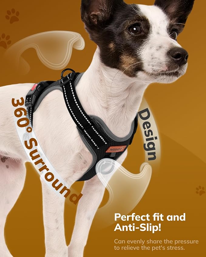 MIDOG No-Pull Dog Harness | Adjustable & Reflective Pet Harness Leash Set for Small Medium Large Dogs Walking, Training| No Choke, Front Clip, Soft Padded Vest with Easy Control Handle - Black, M-Mewly Pet