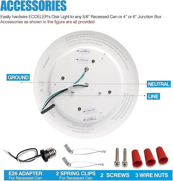 ECOELER 6in Dimmable LED Disk Light, Flush Mount Recessed Retrofit Ceiling Lights, 16.5W, 1000lm, 3000K Warm White, Installs into JBox or Recessed Can, ETL Listed