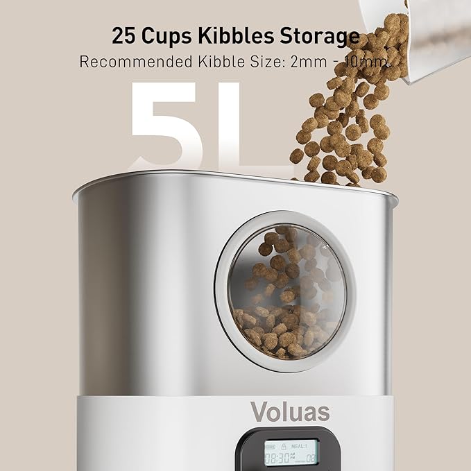 VOLUAS Automatic Cat Feeders for Two Cats,Stainless Steel 5L Pet Feeder for Cats and Dogs Timed Cat Feeder Pet Dry Food Dispenser, White-Mewly Pet