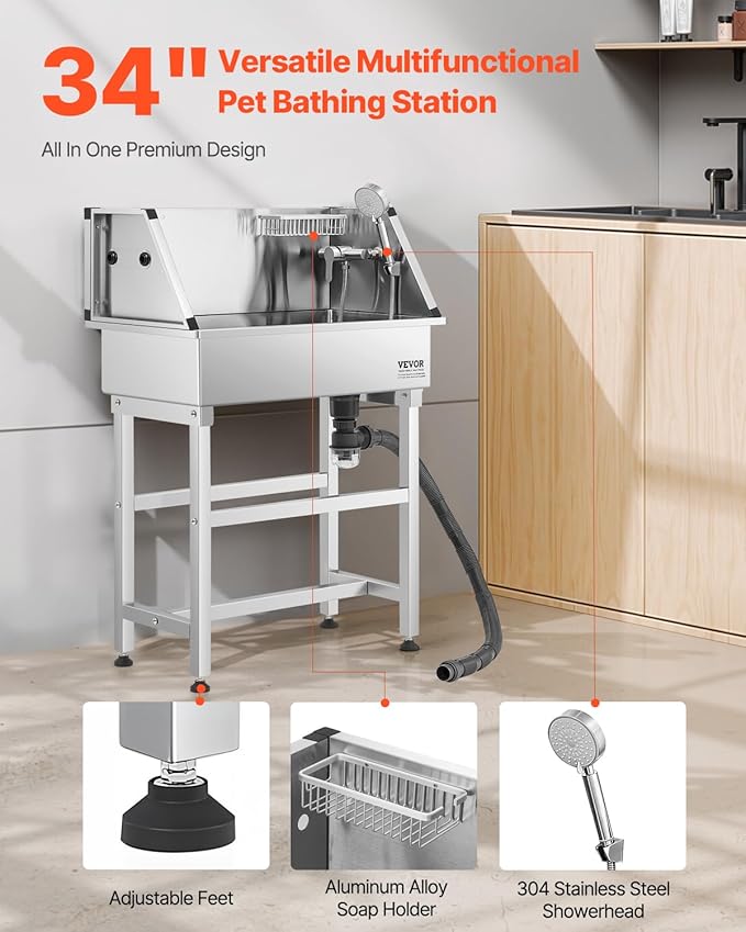 VEVOR Stainless Steel Dog Washing Station, 34 inch Pet Grooming Tub w/Faucet & Showerhead & Soap Holder & Play Balls Simple Dog Bathtub for Multiple Pets, Home Washing Sink-Mewly Pet