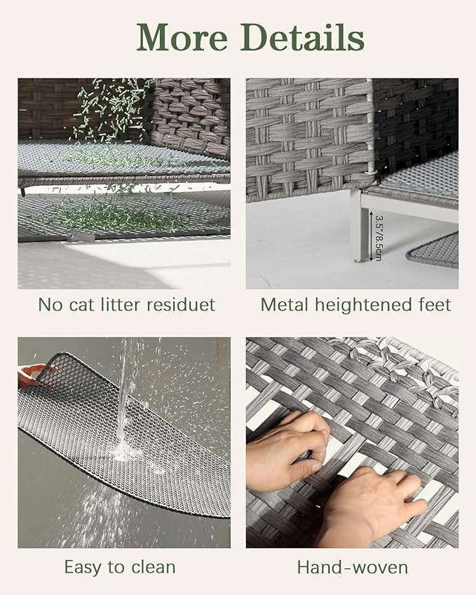 Cat Litter Box Enclosure Hidden Litter Box Furniture with Metal Heightened Feet, Rattan Handwoven Cat House with Litter Mat, Hidden Litter Box Furniture for Bedroom Living Room Gray-Mewly Pet