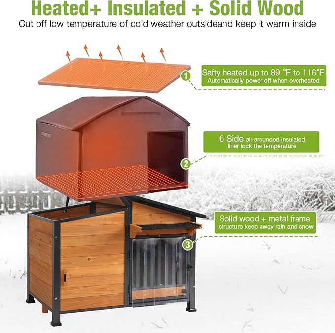 GUTINNEEN Heated Dog House Outdoor Dog Kennel with Safe Heated Pad, Chew-Proof Metal Frame and Rotating Food Bowl for Small to Medium Dogs, 39.7"x25.5"x32.2" (Dark Brown)-Mewly Pet