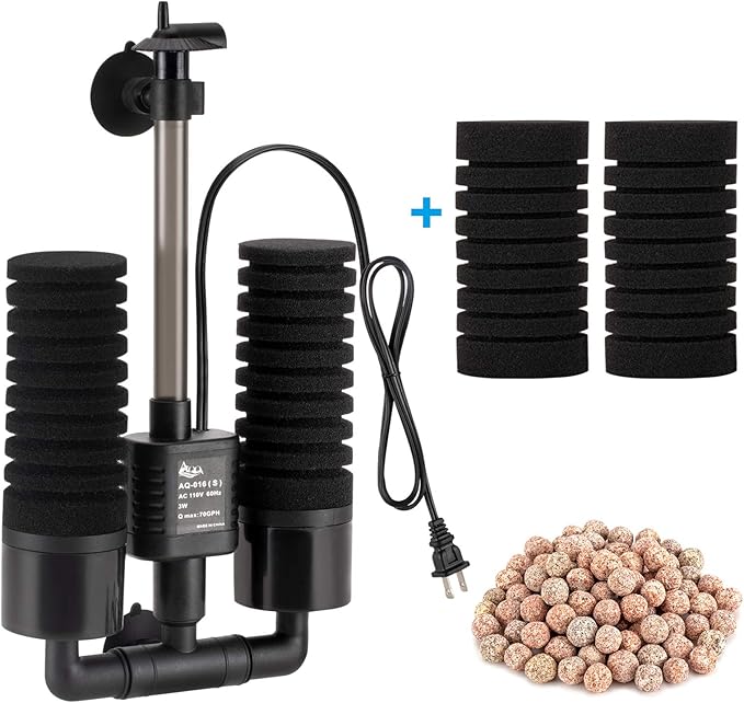 AQQA Aquarium Sponge Filter, Power Driven Double Biochemical Water Filter, Quiet Submersible Foam Filter with 2 Extra Sponges, 1 Bag of Filtered Ceramic Balls for Fresh and Salt Water Fish Tank (S)-Mewly Pet