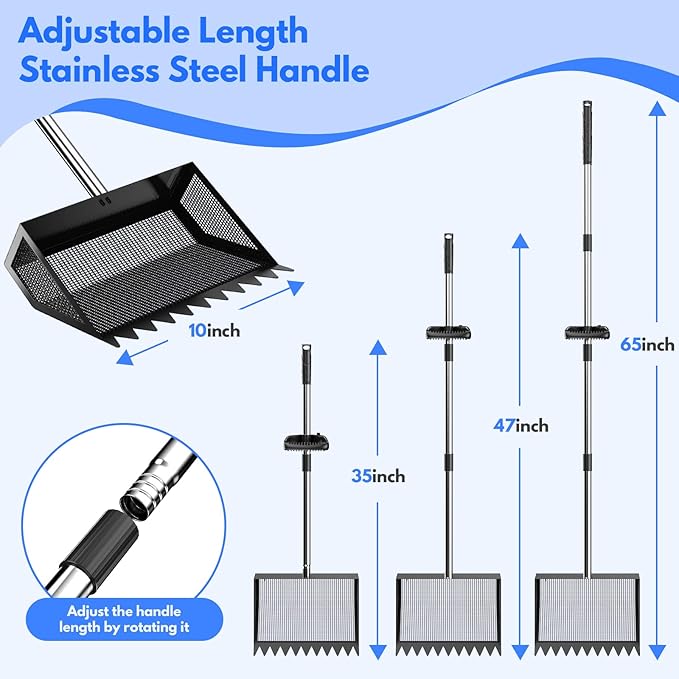 Chicken Poop Scooper & Rake 2-in-1, 304 Stainless Steel Shovel Head, Chicken Litter Scoop with Handle for Chicken Coop & Pet Waste Cleaning, Litter Sifting Shovel (35 to 65") US Patent Pending (Black)-Mewly Pet