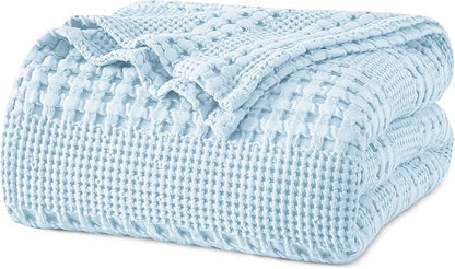 PHF 100% Cotton Waffle Weave Blanket King Size for Bed, Soft Lightweight & Breathable, All-Season Comfort, Luxury Aesthetic Woven Bedding for Home Decor, 108"x90", Baby Blue