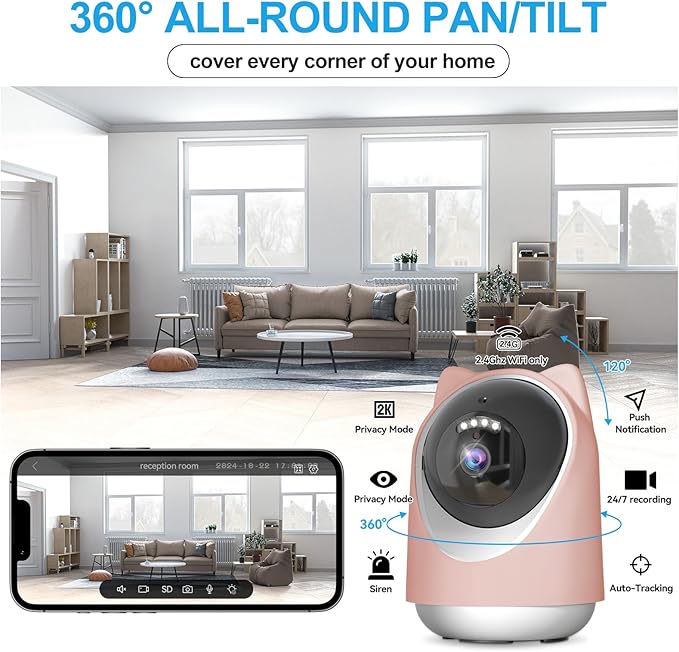 Indoor Camera, Cameras for Home Security,Home Cameras Indoor for Baby&Pet Monitoring,Night Vision,Smart Motion Tracking, Pan360° & Tilt 180°, 3MP Wi-Fi Two-Way Audio （Pink-Mewly Pet