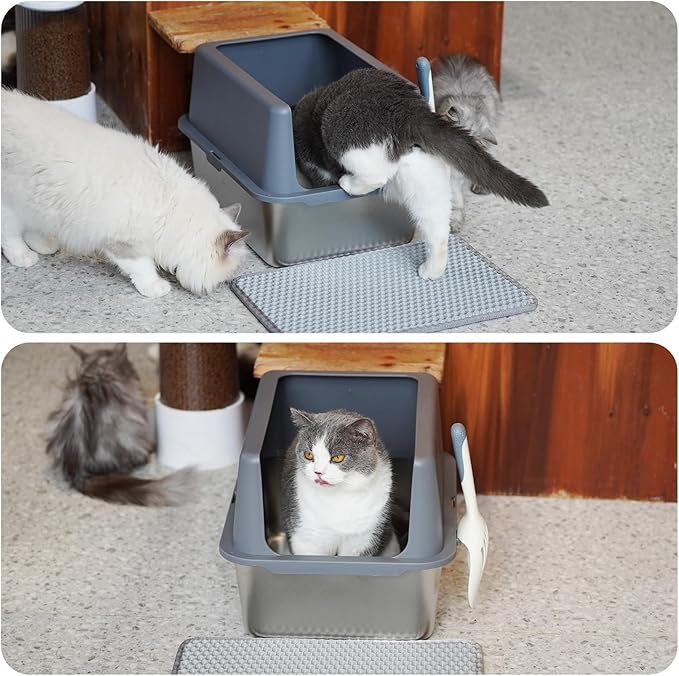 Stainless Steel cat Litter Box, Covered Metal Litter Box, cat Litter Pans with high Sides, Kitty Litter Boxes for Indoor Cats (Non Sticky, Easy to Clean, Anti-Urine Leakage) 17.5" L x 13.5" W x 6" H-Mewly Pet
