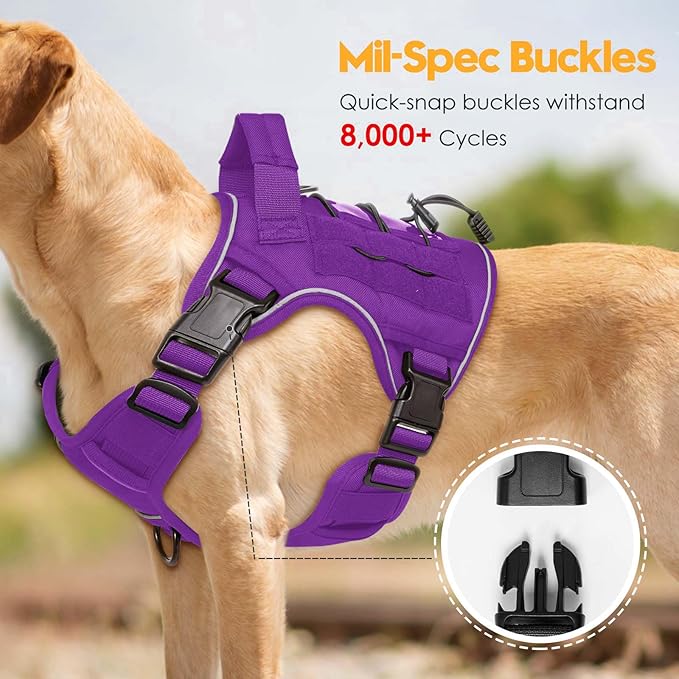 Heavy-Duty Tactical Dog Harness for Large Dogs, No Pull Adjustable Reflective Pet Vest with Molle System, K9 Military-Grade Control for Service Training, Outdoor & 10+ Breeds, Purple, Small-Mewly Pet