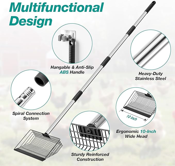 Adjustable Chicken Poop Scooper, Heavy Duty Stainless Steel Chicken Rake with 3-Slot Pole, Multi-Use Pet Waste Shovel & Hay Scooper - 36"/50"/64" Length-Mewly Pet