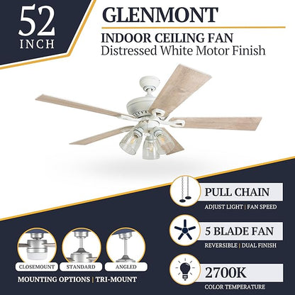 Prominence Home Glenmont, 52 Inch Farmhouse LED Ceiling Fan with Light, Pull Chain, Three Mounting Options, Dual Finish Blades, Reversible Motor - 50389-01 (Distressed White)