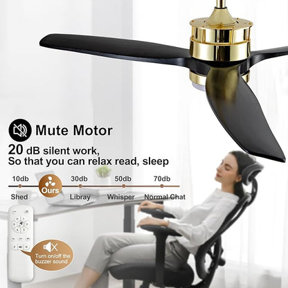 BOJUE 52 Inch Black Gold Ceiling Fans with Lights and Remote, Reversible Quite DC Motor,6 Speeds with Memory Program,Modern Farmhouse Wood Ceiling Fan with Light for Living Room Patio