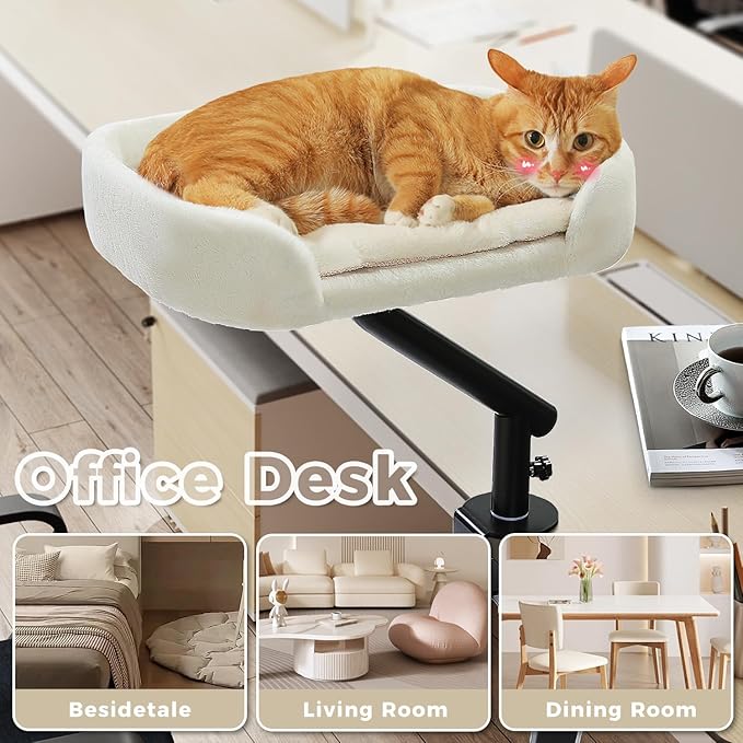 PAWZ Road Cat Desk Bed for Indoor Cats, Cat Bed for Desk Supports Up to 50 lbs, 360° Rotation & Adjustable, Nest Desktop Attachment Cats Hammock for Table, White-Mewly Pet