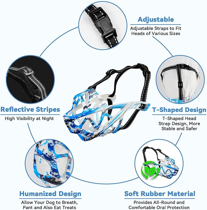 Dog Muzzle for Large Dogs, Breathable Basket Muzzles for Small, Medium and X-Large Aggressive Dog, Allows Panting Drinking, Suitable for Grooming Trimming Training (Camouflage Blue, M)-Mewly Pet