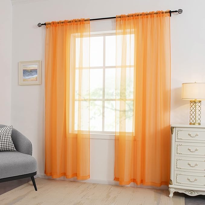 HUTO Orange Sheer Curtains 96 inches Long for Bedroom Top Rod Pocket Sheer Window Panels Curtains for Nursery Living Room 52 by 96 Inch Length Set of 2