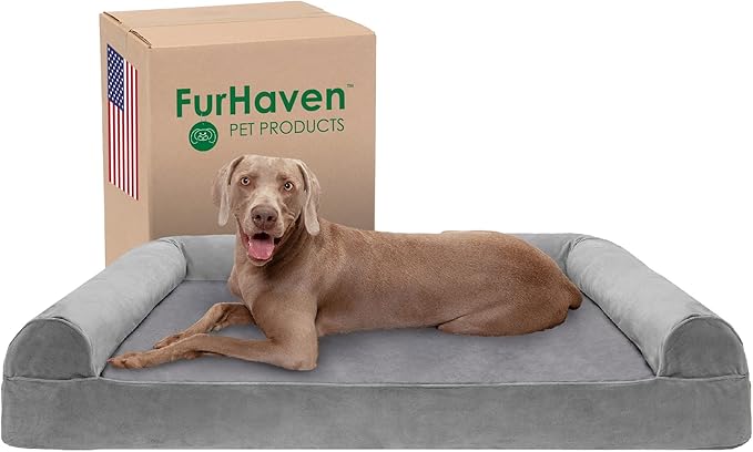 Furhaven Cooling Gel Dog Bed for Large Dogs w/ Removable Bolsters & Washable Cover, For Dogs Up to 125 lbs - Faux Fur & Velvet Sofa - Smoke Gray, Jumbo Plus/XXL-Mewly Pet