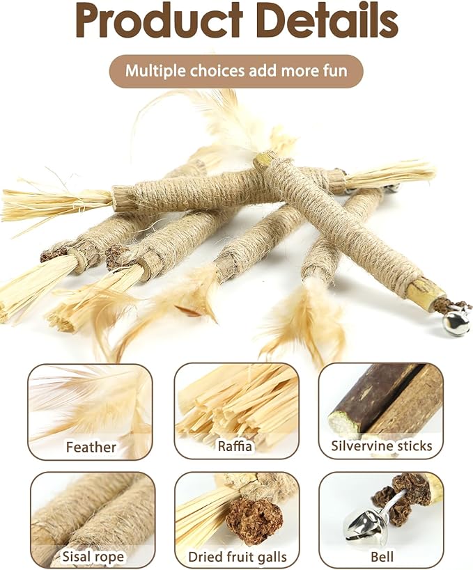 Tocirelo Catnip Toys Silvervine Sticks - 12Pack Natural Cat Chew Toys for Bored Indoor Cats Teeth Cleaning, Matatabi Sticks Treats with Feather and Bell, Kitten Teething Calming Products-Mewly Pet