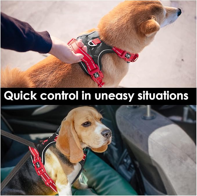 PHOEPET No Pull Dog Harness, Unique Colors Reflective Adjustable Dog Vest, with Soft Training Handle Metal Clips for Small Medium Large Dogs (Black Base & Red Straps,M)-Mewly Pet