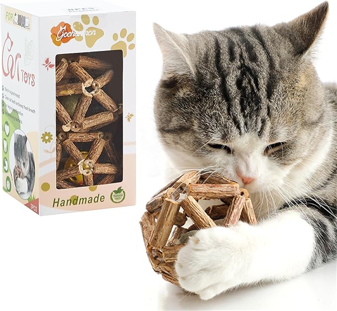 Catnip Toys-2Pcs Natural Silvervine Stick Catnip Ball&Bell Ball-Cat Toys for Indoor Cats- Cleaning Teeth Molar Tools Matatabi Cat Chew Toy-Kitten Toys All Breeds-Mewly Pet