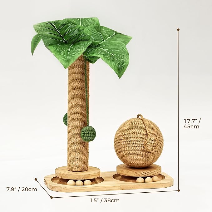 Cat Scratching Post, Wooden Cat Scratcher Toy for Indoor Cats, Sisal Ball Toy with Hanging and Track Balls, 17.7" Tall Banana Tree Cat Tower for Kittens-Mewly Pet