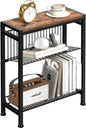 Narrow Side Table for Small Space, 3-Tier End Table with Magazine Holder,Slim Nightstand with Wire Shelf, Skinny Bedside Table in Living Room, Bedroom, Study, Kitchen and Balcony (Rustic Brown)